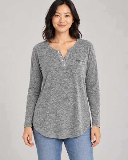 Women's Long Sleeve Henley Top in Gray — garment detail close-up