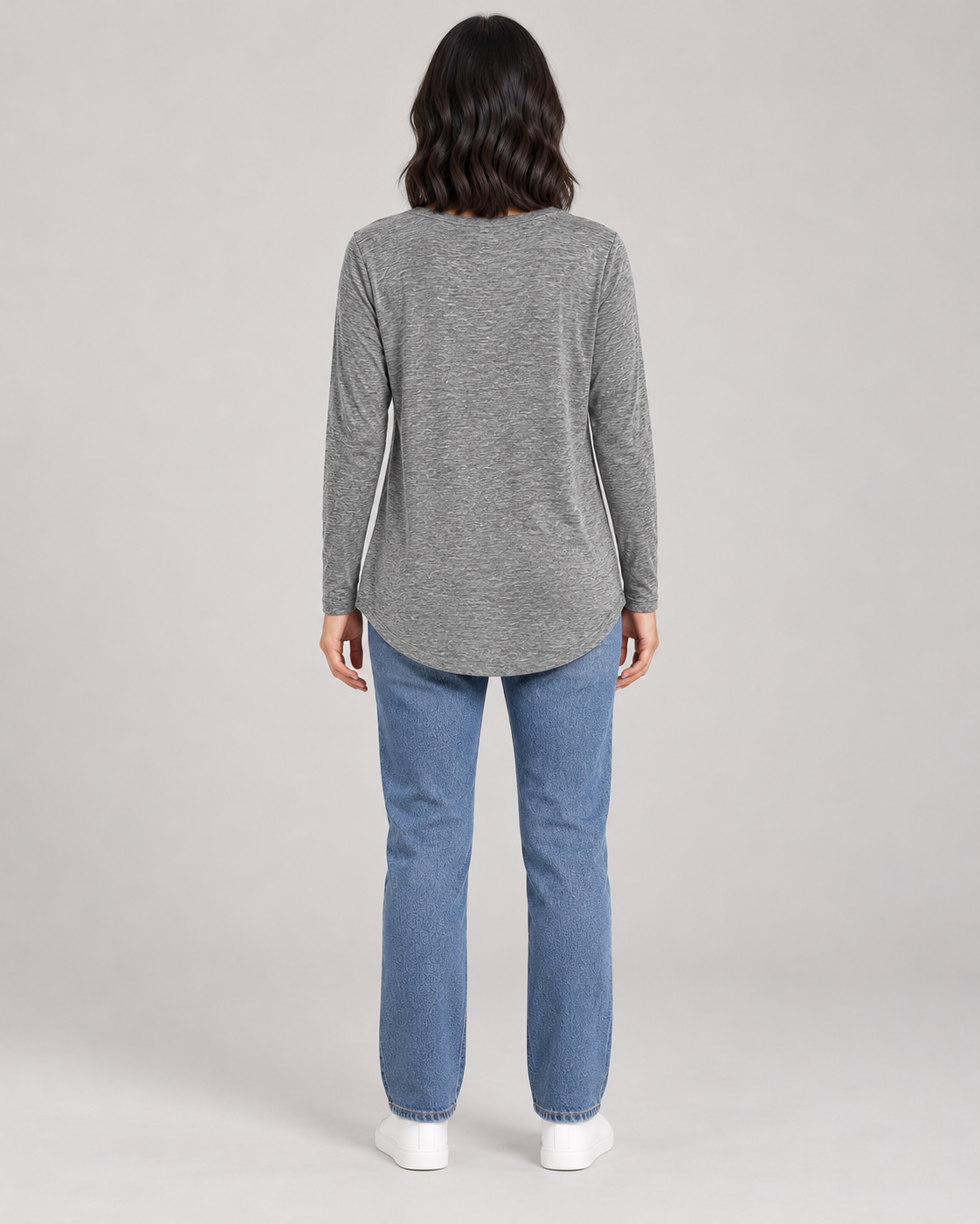 Women's Long Sleeve Henley Top in Gray — full-length direct back view