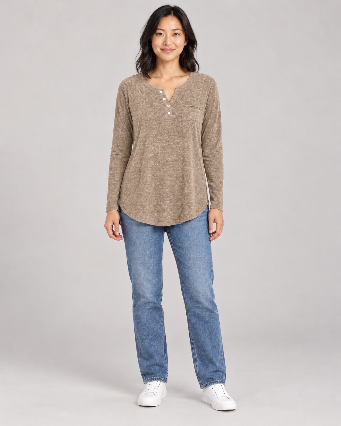 Women's Long Sleeve Henley Top in Khaki — full-length front view