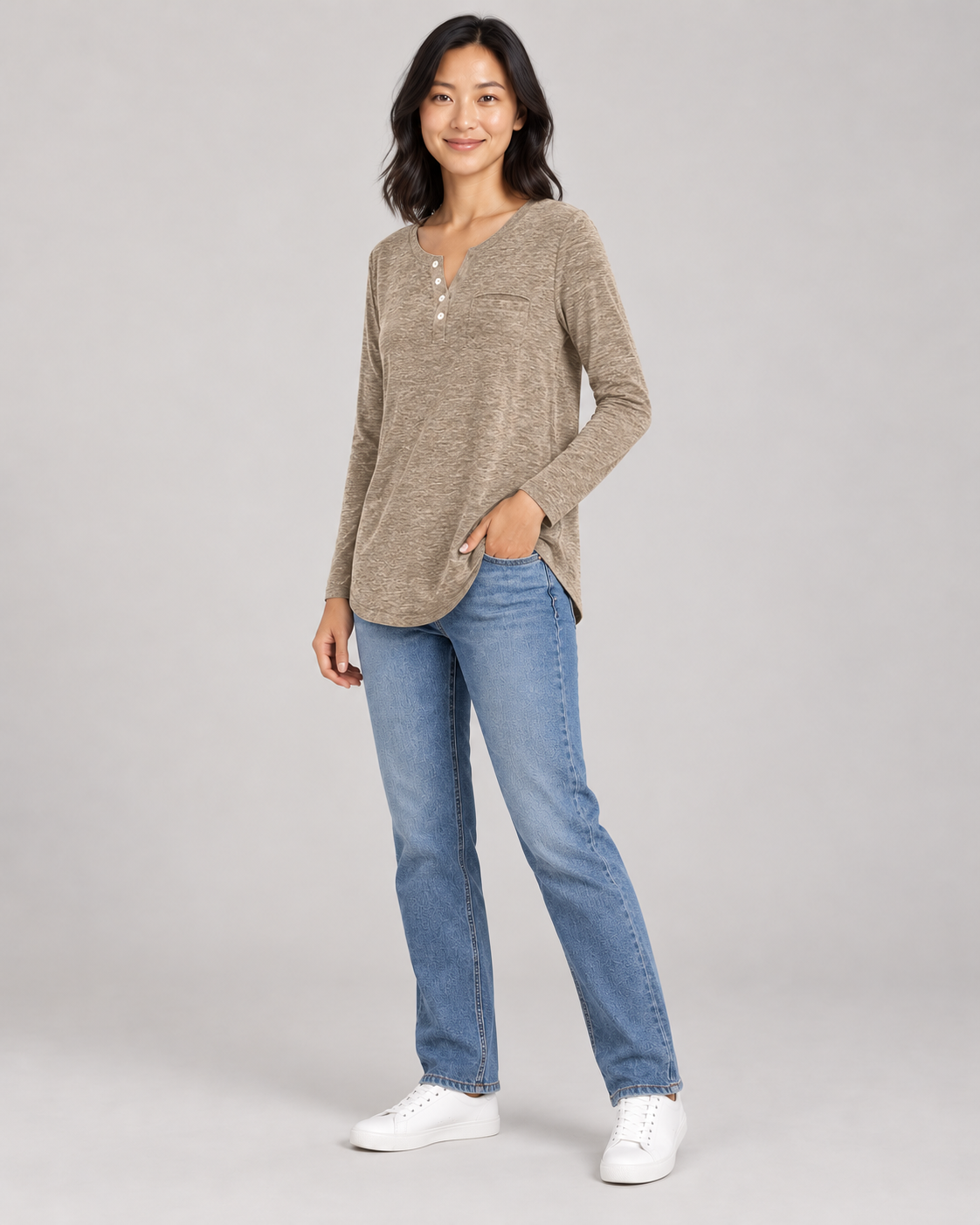 Women's Long Sleeve Henley Top in Khaki — full-length three-quarter view