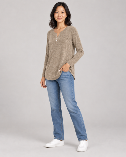 Women's Long Sleeve Henley Top in Khaki — full-length three-quarter view