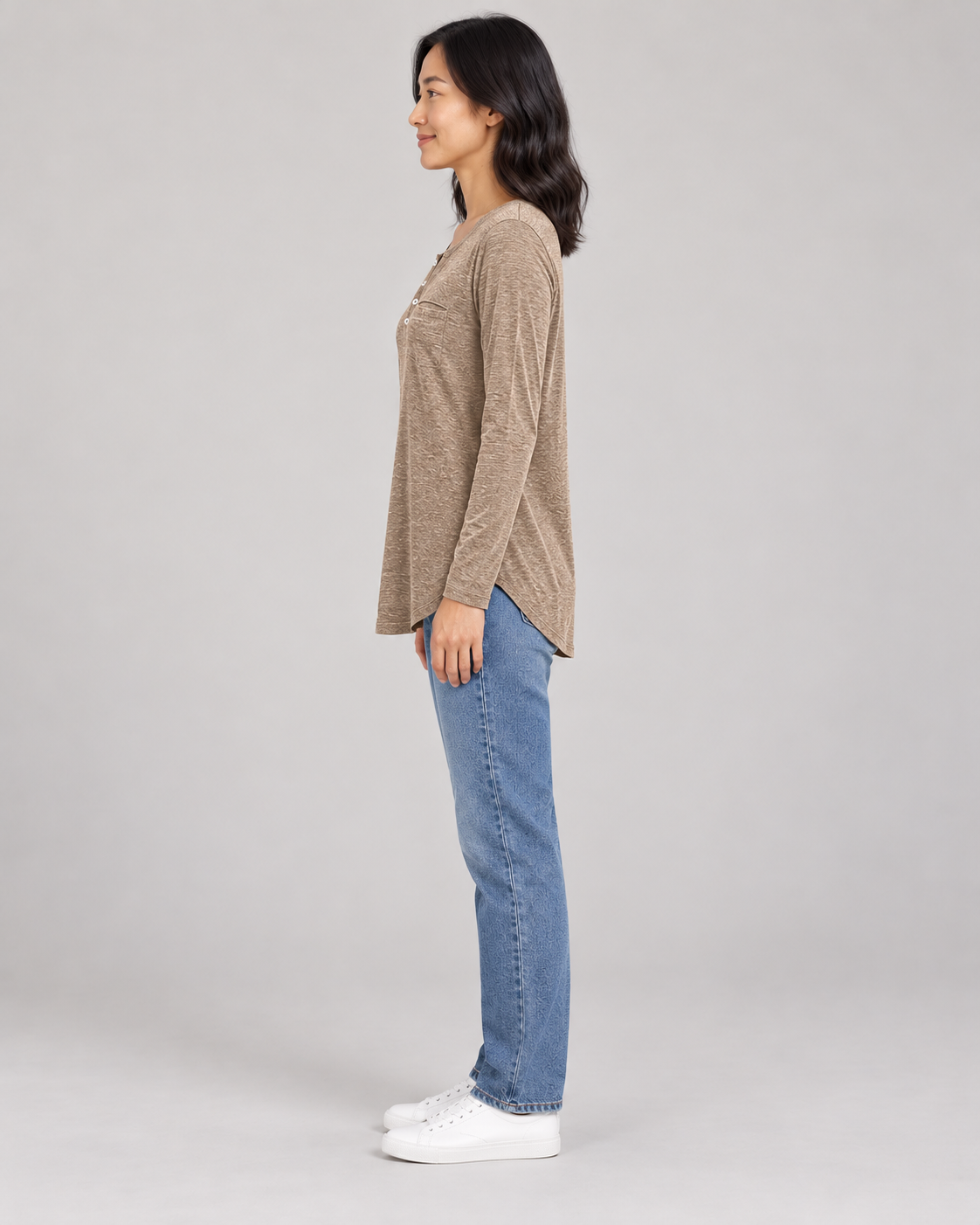 Women's Long Sleeve Henley Top in Khaki — full-length side view