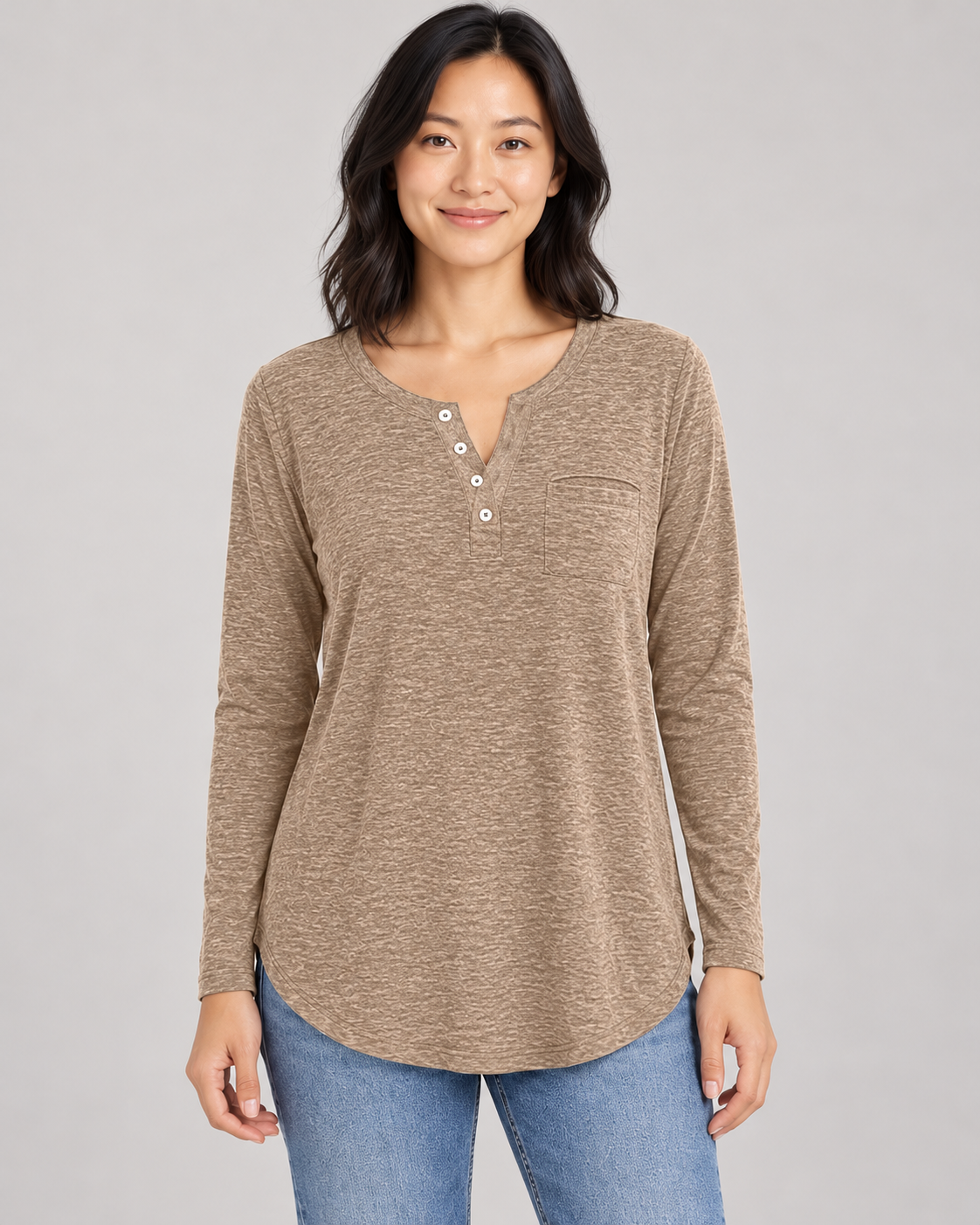 Women's Long Sleeve Henley Top in Khaki — garment detail close-up