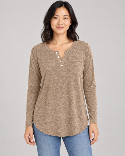 Women's Long Sleeve Henley Top in Khaki — garment detail close-up