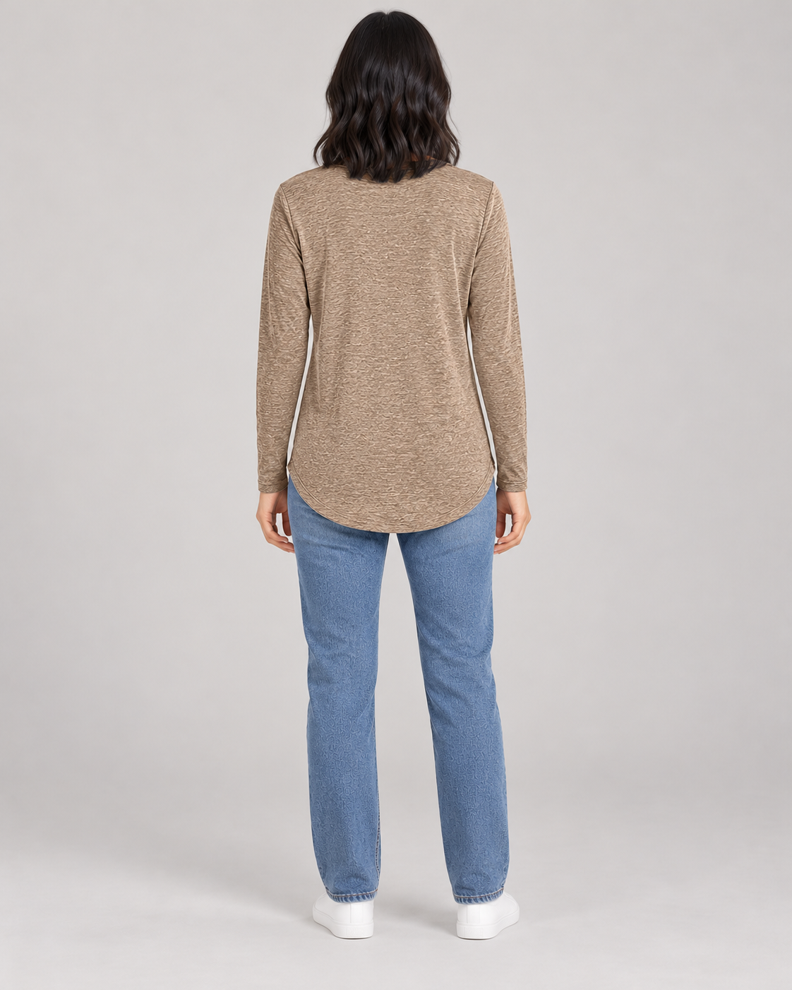 Women's Long Sleeve Henley Top in Khaki — full-length direct back view