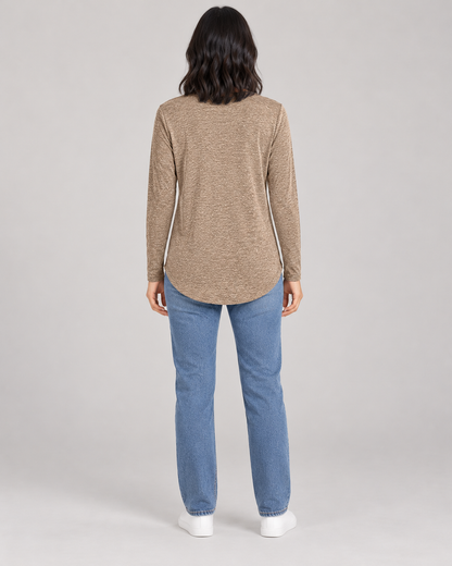 Women's Long Sleeve Henley Top in Khaki — full-length direct back view