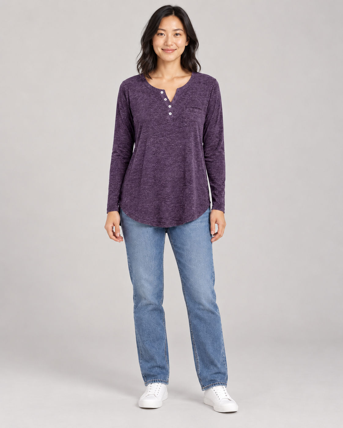 Women's Long Sleeve Henley Top in Purple — full-length front view
