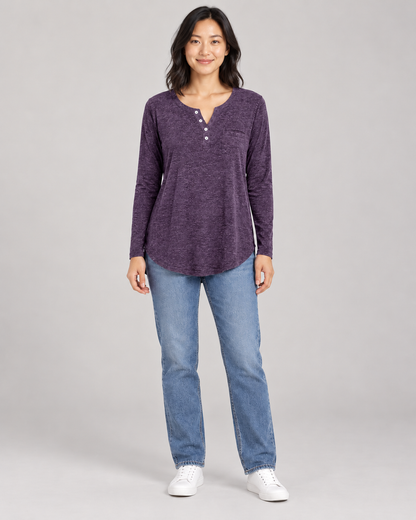 Women's Long Sleeve Henley Top in Purple — full-length front view