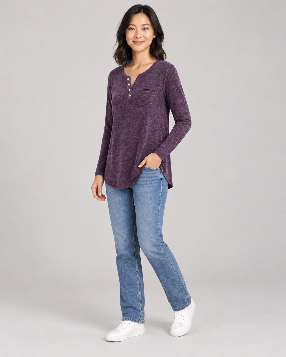 Women's Long Sleeve Henley Top in Purple — full-length three-quarter view