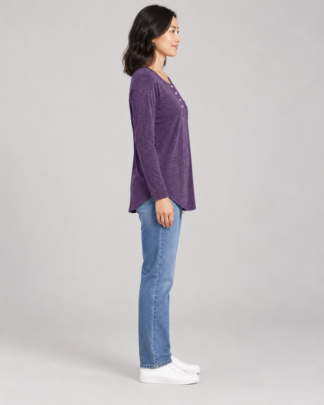 Women's Long Sleeve Henley Top in Purple — full-length side view