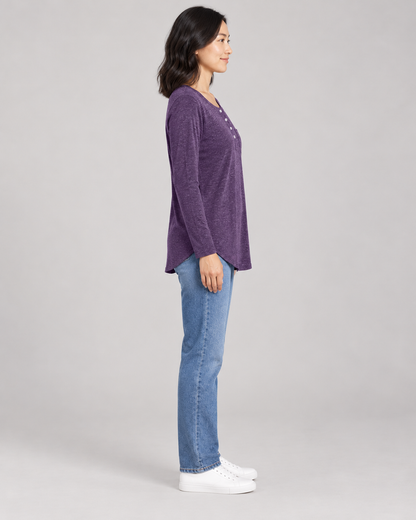 Women's Long Sleeve Henley Top in Purple — full-length side view