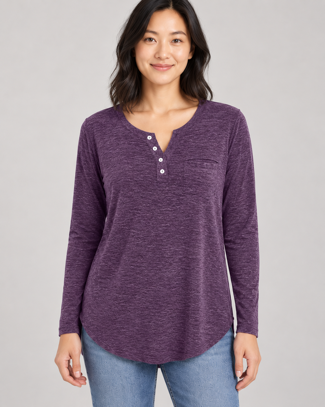Women's Long Sleeve Henley Top in Purple — garment detail close-up