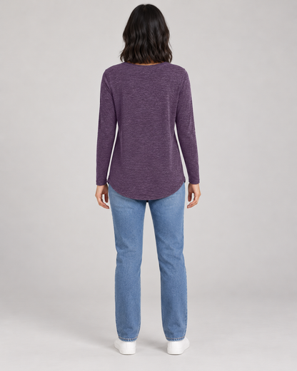 Women's Long Sleeve Henley Top in Purple — full-length direct back view