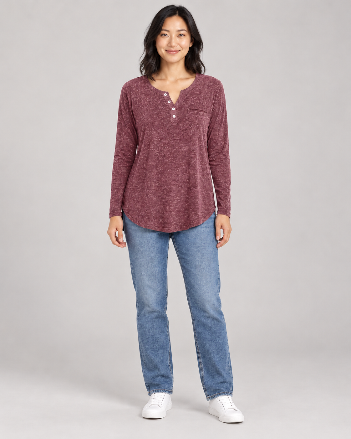 Women's Long Sleeve Henley Top in Red — full-length front view