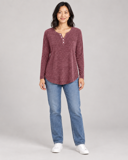 Women's Long Sleeve Henley Top in Red — full-length front view