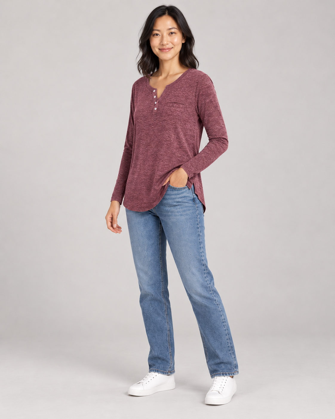 Women's Long Sleeve Henley Top in Red — full-length three-quarter view