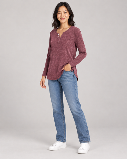 Women's Long Sleeve Henley Top in Red — full-length three-quarter view