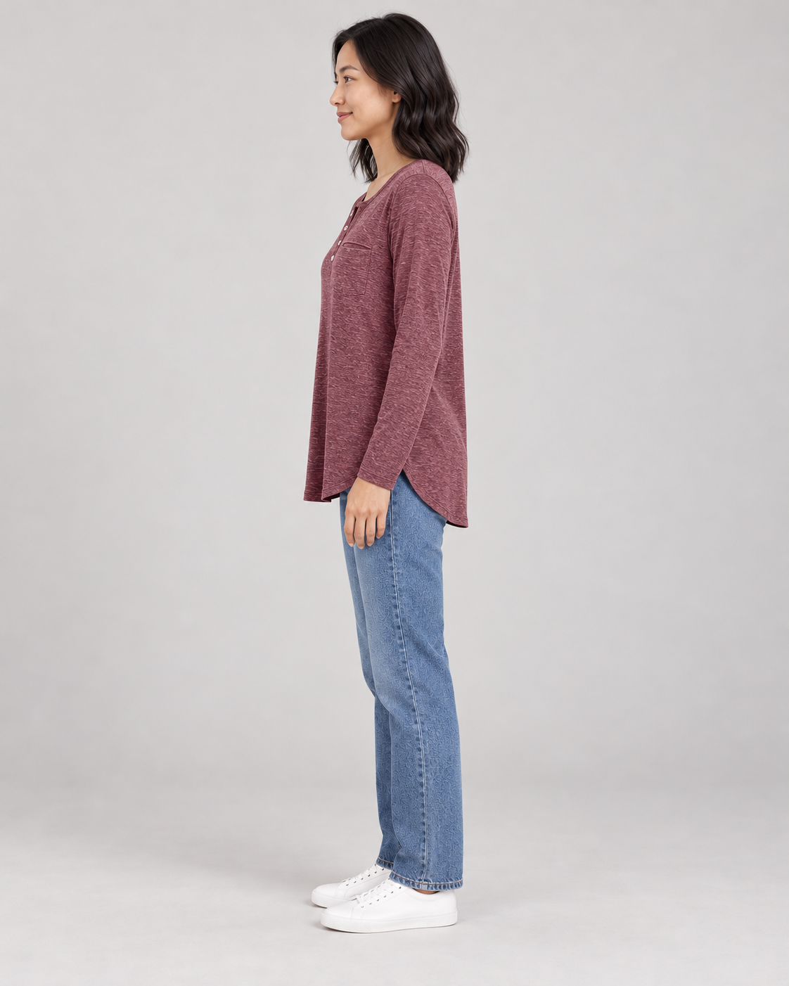 Women's Long Sleeve Henley Top in Red — full-length side view