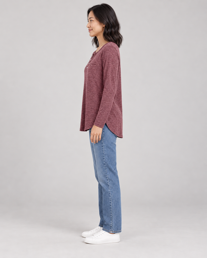 Women's Long Sleeve Henley Top in Red — full-length side view