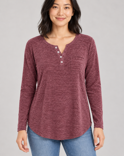 Women's Long Sleeve Henley Top in Red — garment detail close-up