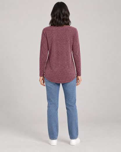 Women's Long Sleeve Henley Top in Red — full-length direct back view