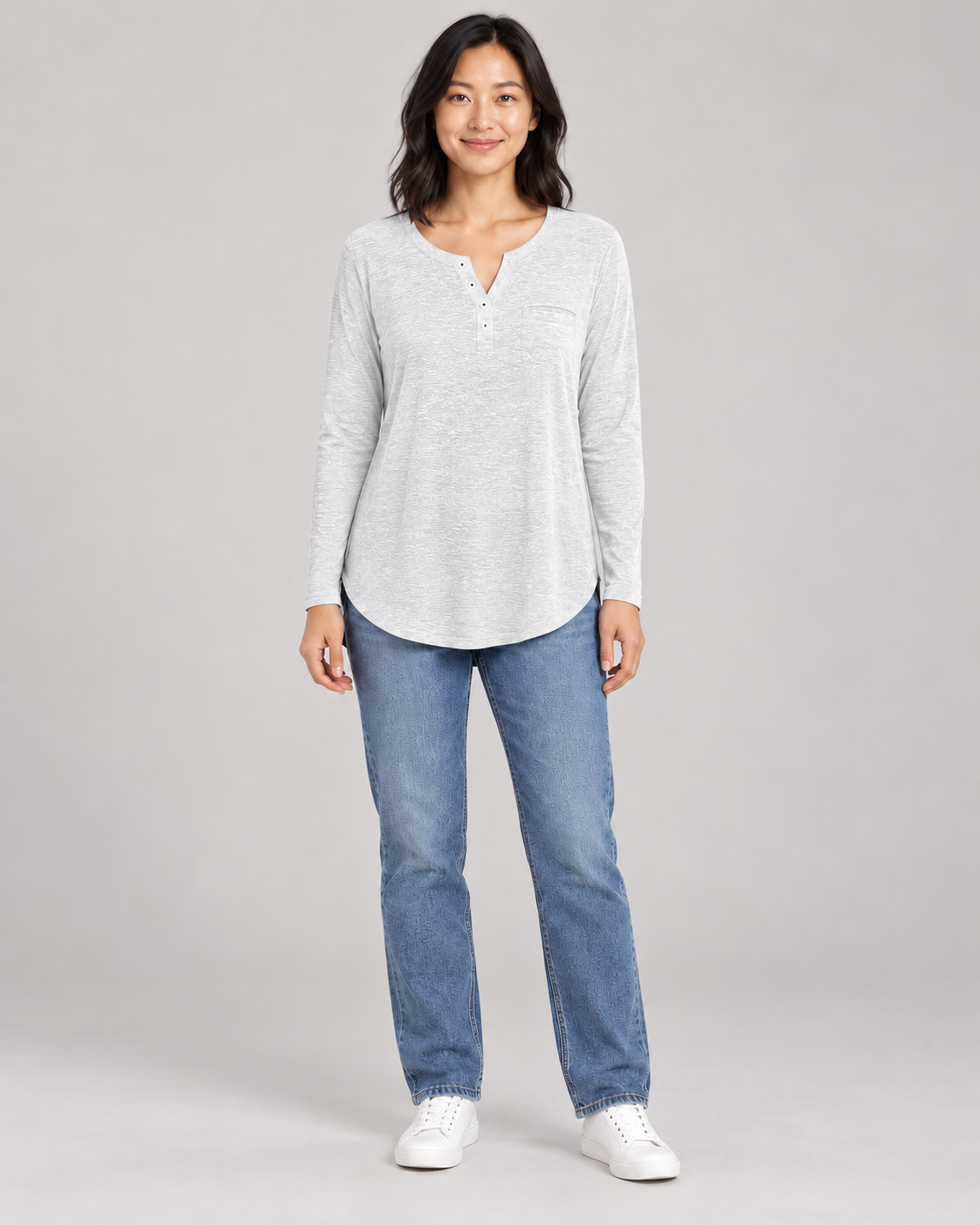 Women's Long Sleeve Henley Top in White — full-length front view