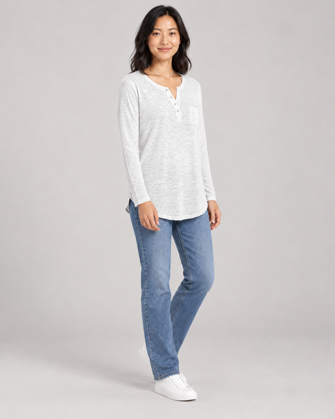 Women's Long Sleeve Henley Top in White — full-length three-quarter view