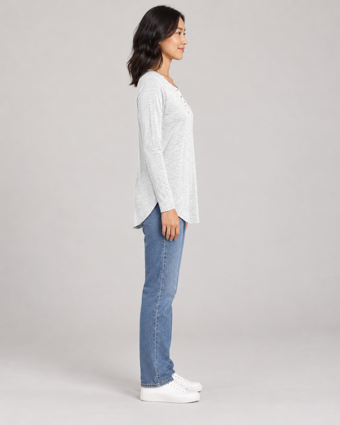 Women's Long Sleeve Henley Top in White — full-length side view