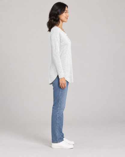 Women's Long Sleeve Henley Top in White — full-length side view