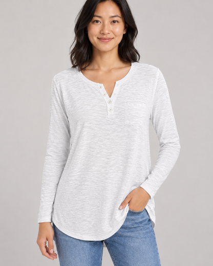 Women's Long Sleeve Henley Top in White — garment detail close-up