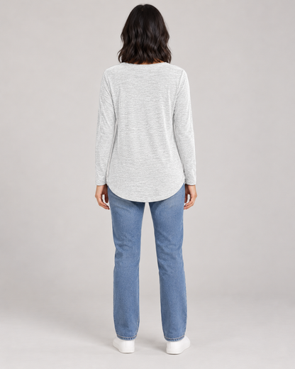 Women's Long Sleeve Henley Top in White — full-length direct back view