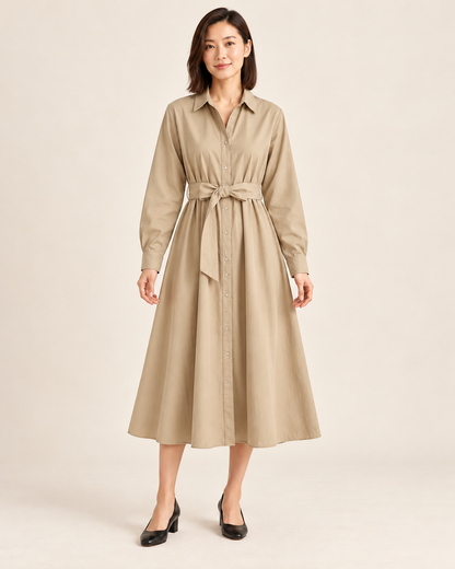 Women's Long Sleeve Belted Shirt Dress — Khaki — front view