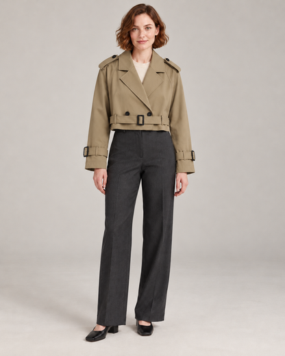 Khaki trench-style jacket, full-length front view