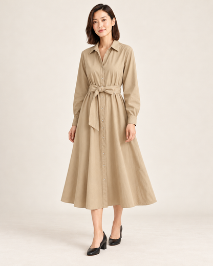 Women's Long Sleeve Belted Shirt Dress — Khaki — three quarter view