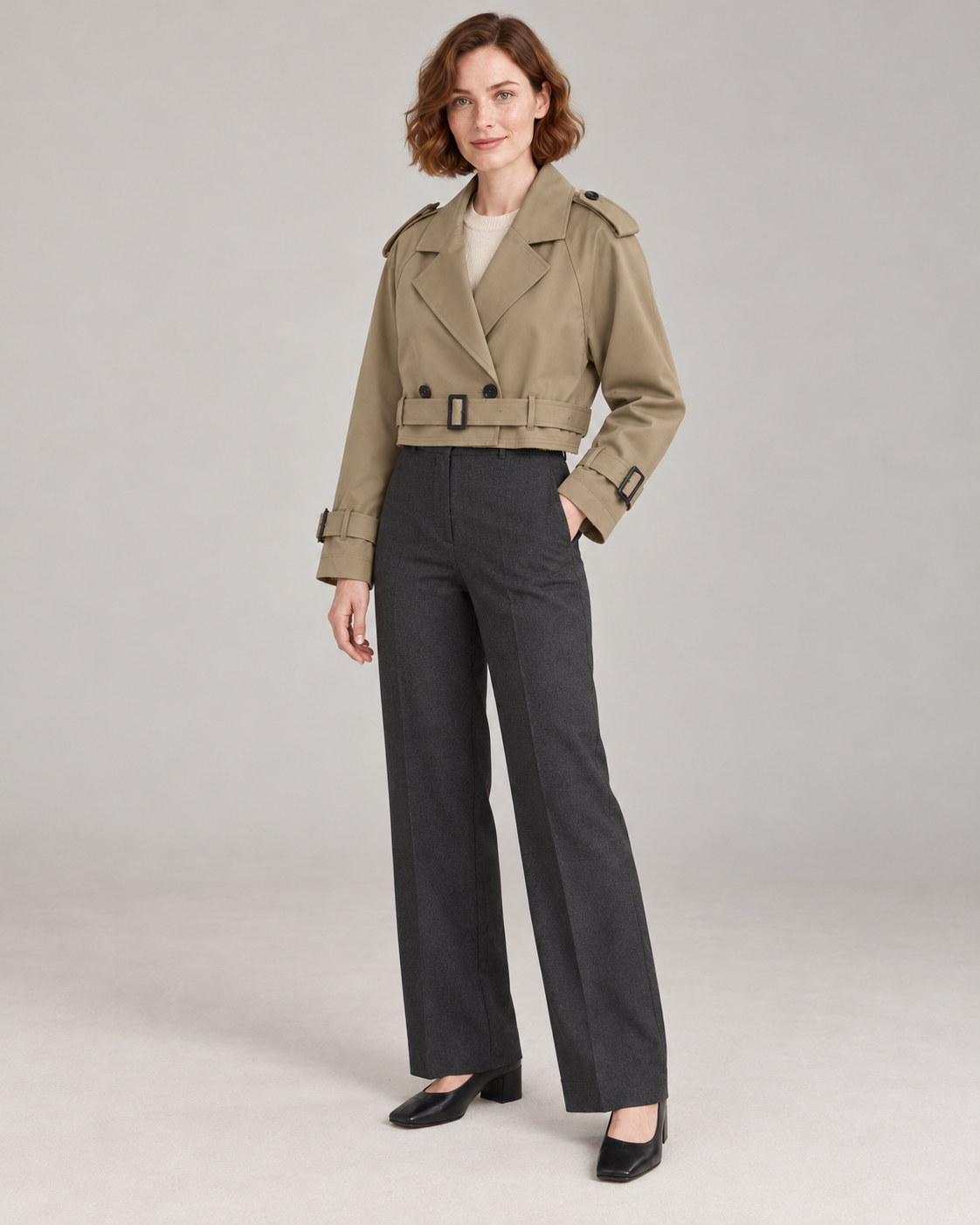 Khaki trench-style jacket, full-length three-quarter view