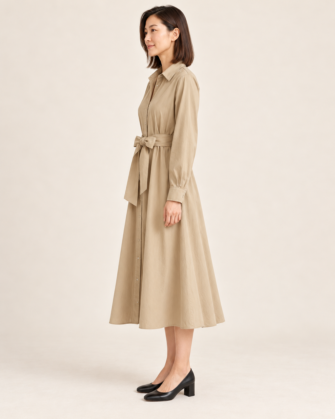 Women's Long Sleeve Belted Shirt Dress — Khaki — side view