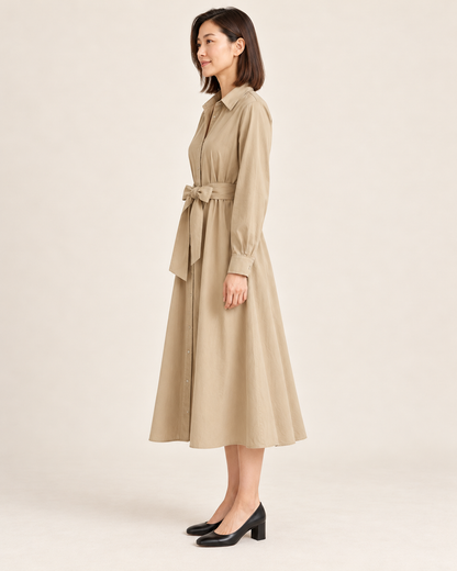 Women's Long Sleeve Belted Shirt Dress — Khaki — side view