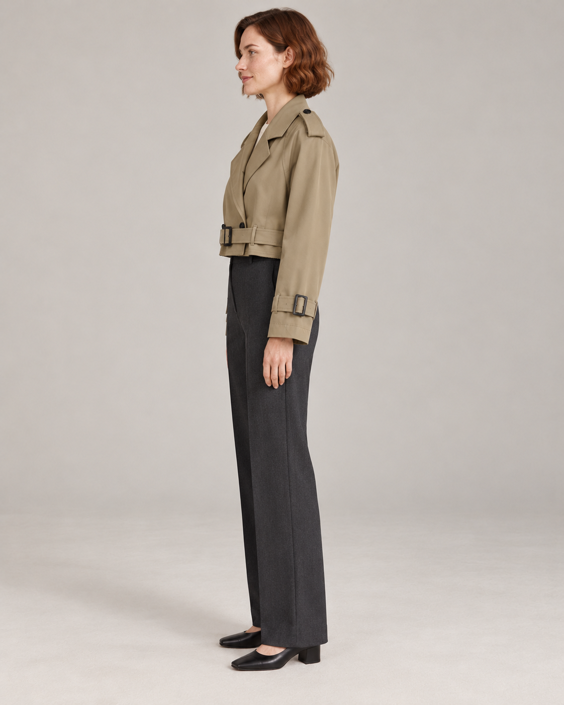 Khaki trench-style jacket, full-length side view