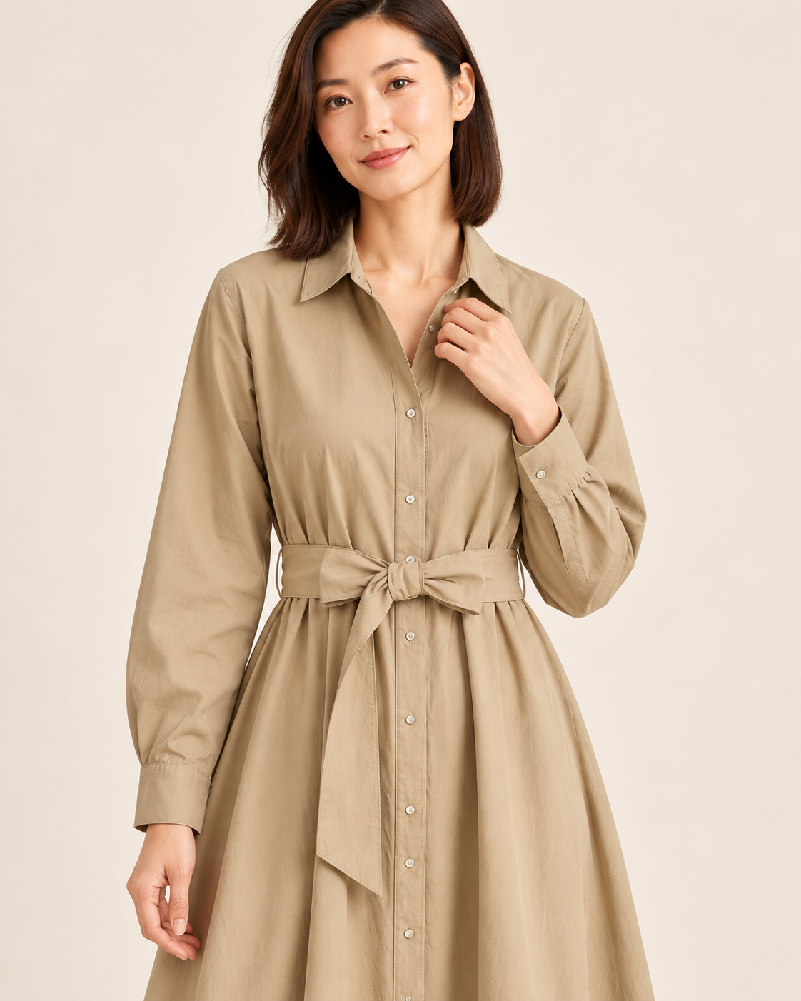 Women's Long Sleeve Belted Shirt Dress — Khaki — detail view