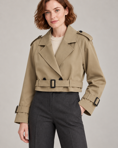 Khaki trench-style jacket, garment details close-up