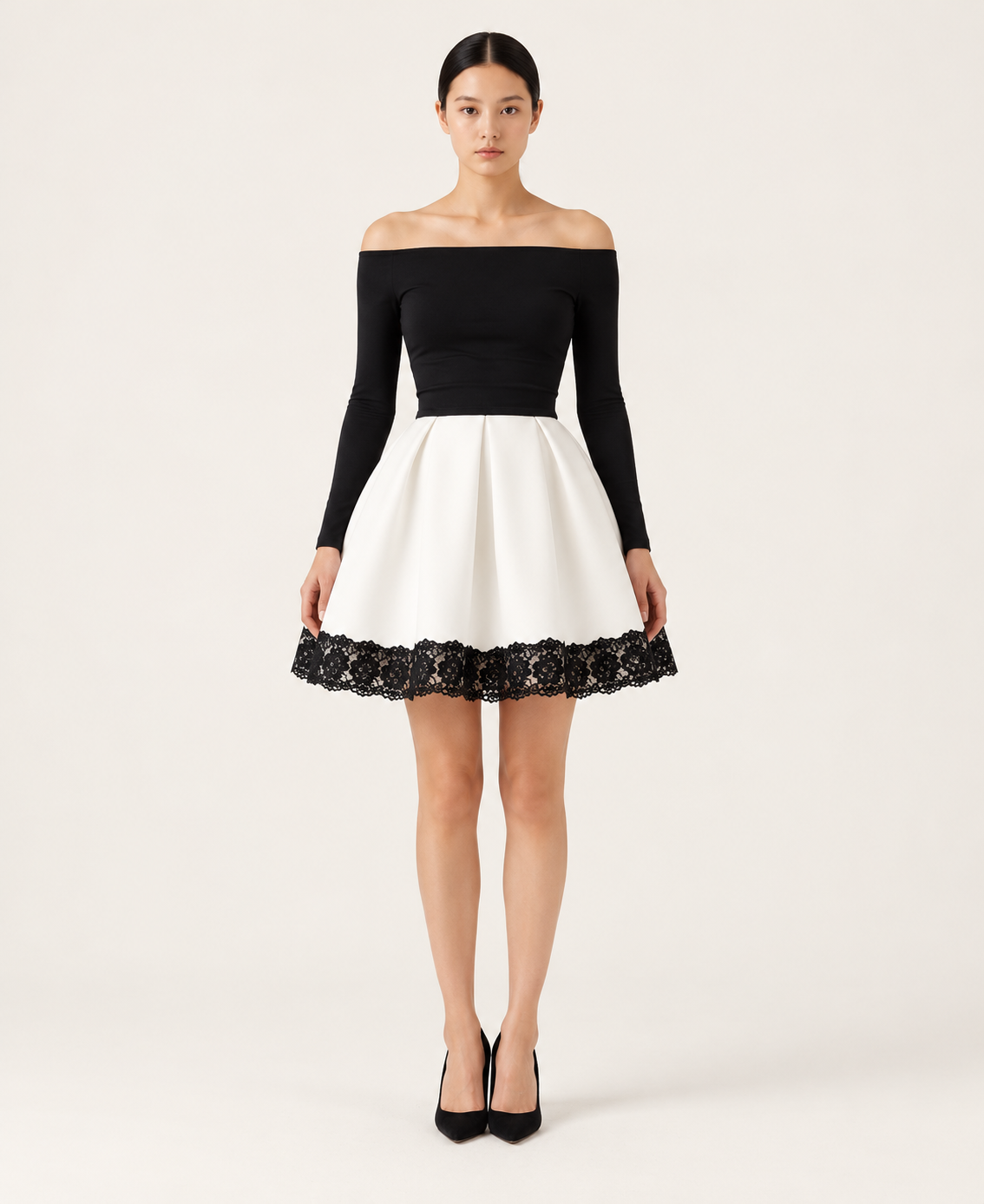 Women's Black and White Lace-Trim Dress Set — Black and White — front hero