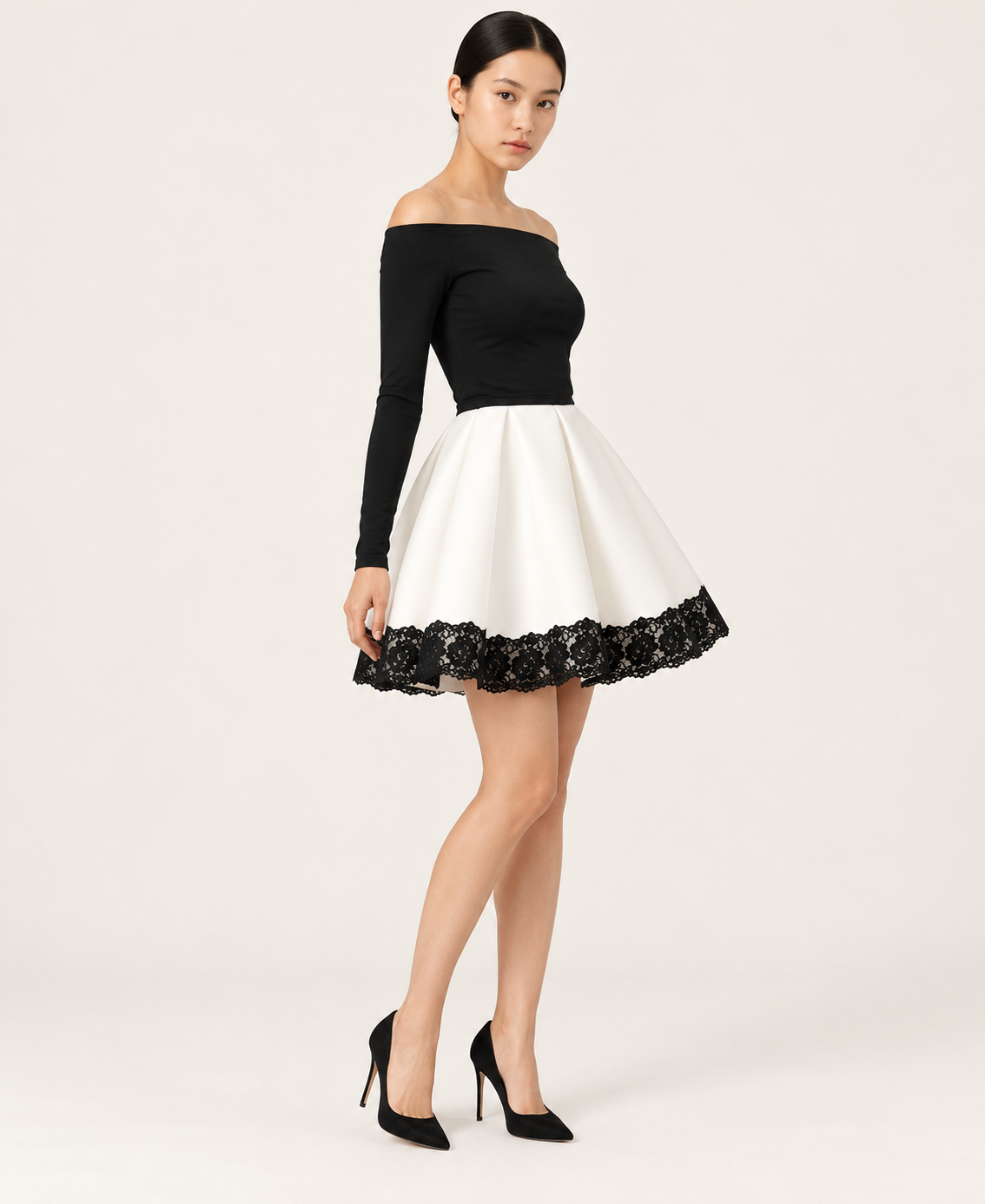 Women's Black and White Lace-Trim Dress Set — Black and White — three-quarter view