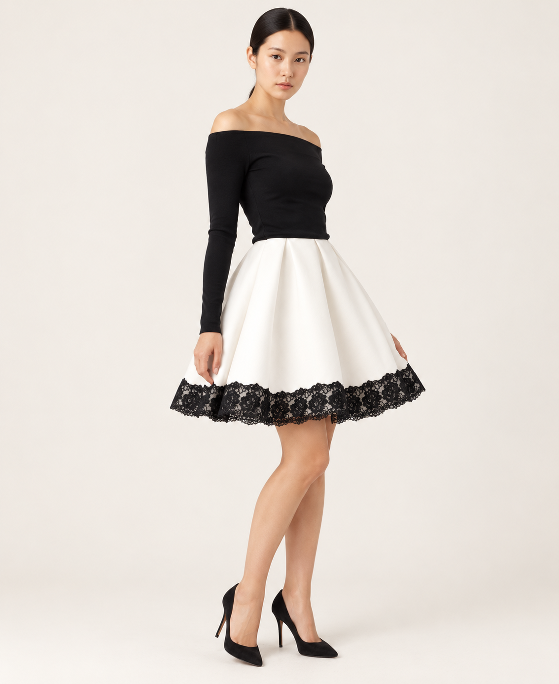 Women's Black and White Lace-Trim Dress Set — Black and White — alternate front view