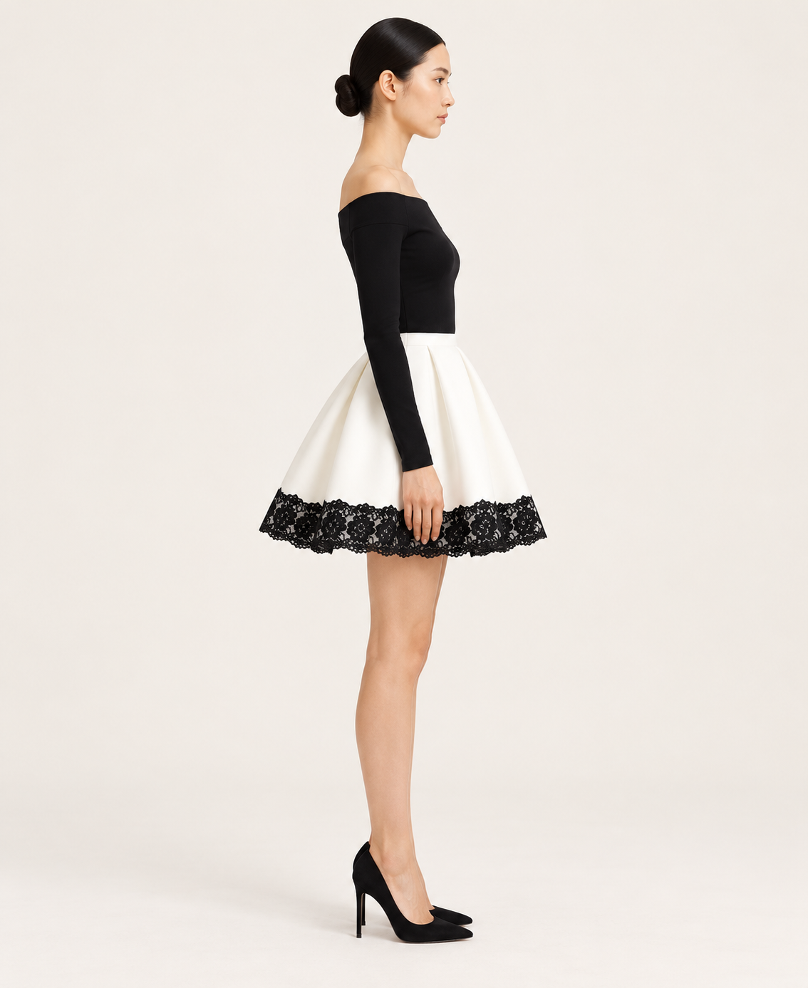 Women's Black and White Lace-Trim Dress Set — Black and White — side profile