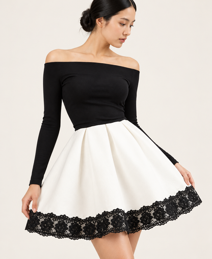 Women's Black and White Lace-Trim Dress Set — Black and White — lace detail