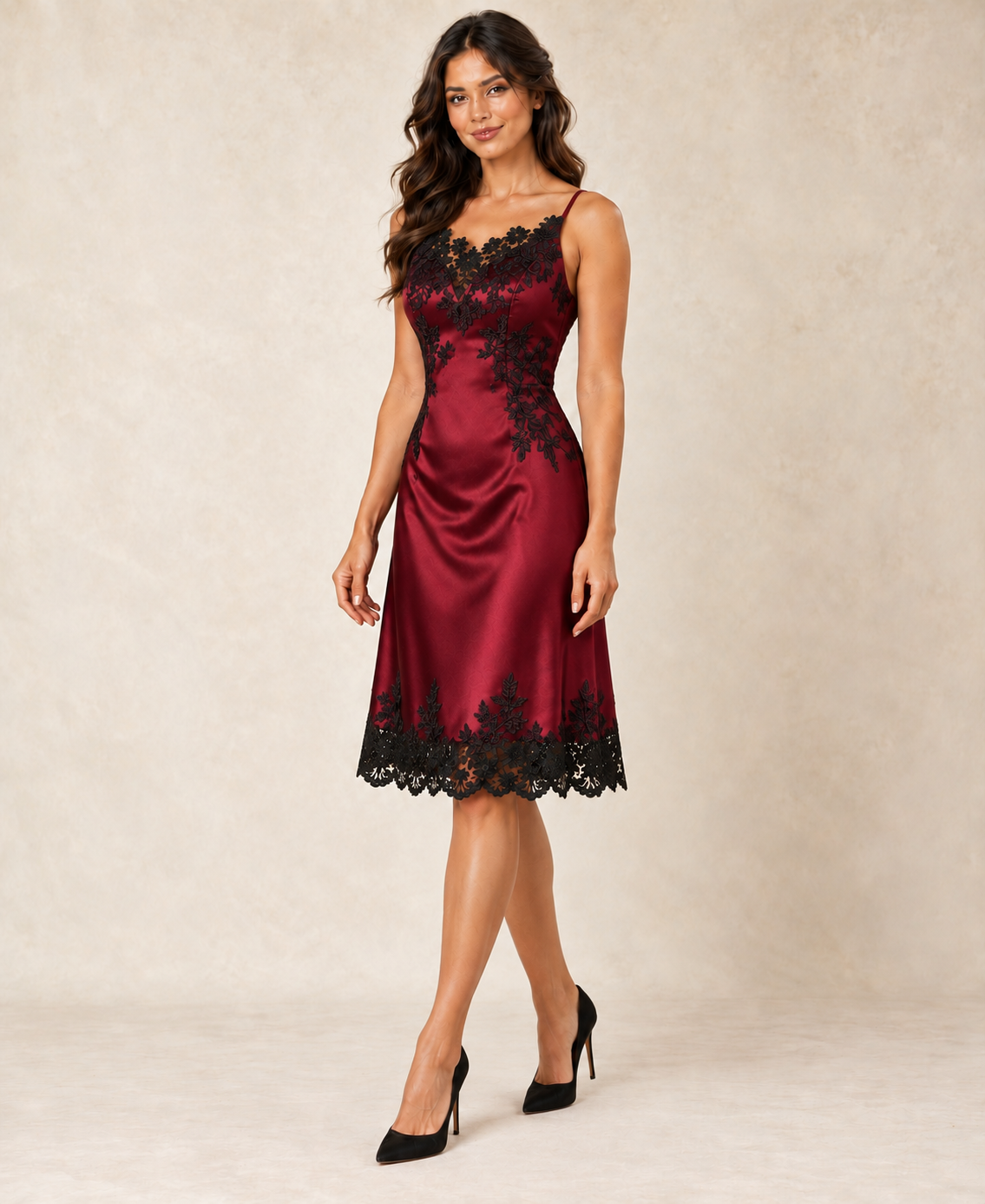 Red lace nightdress, three-quarter view