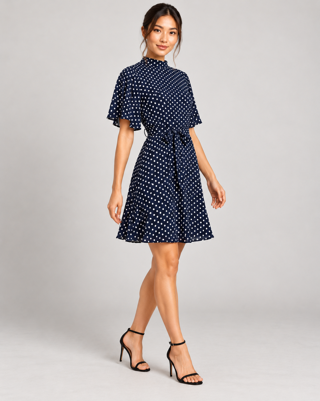 Navy Blue dress, full-length three-quarter view