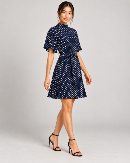 Navy Blue dress, full-length three-quarter view