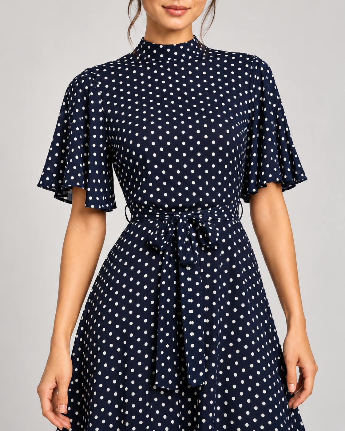Navy Blue dress, neckline, flutter sleeve, polka-dot fabric and waist tie details