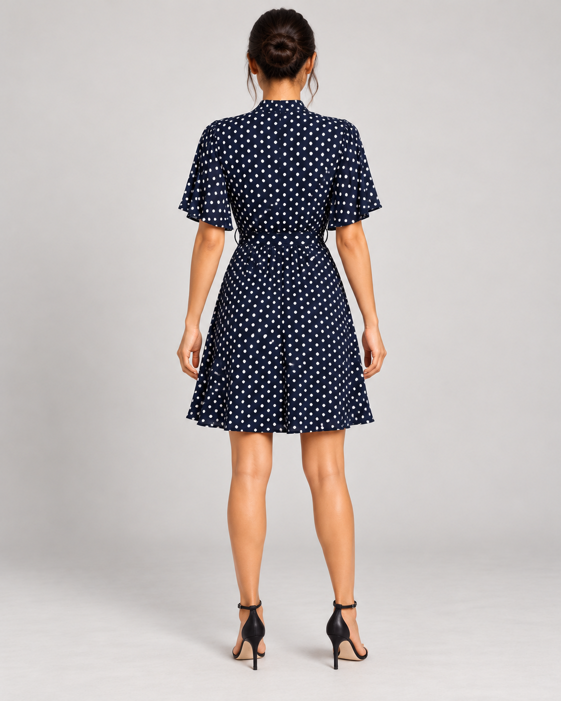 Navy Blue dress, full-length direct rear view